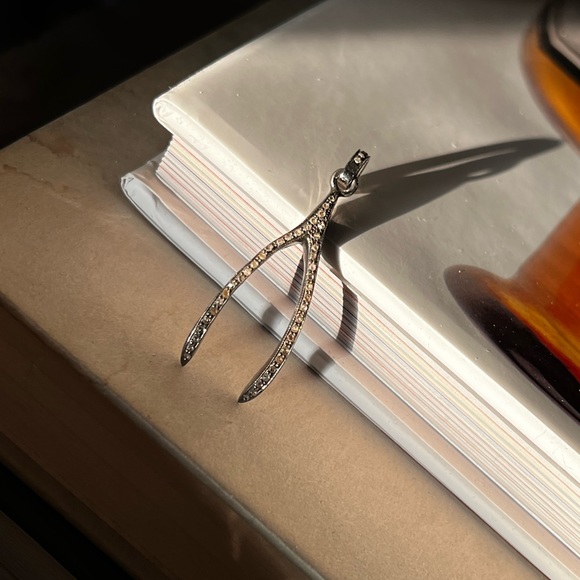 Diamond oxidized 925 silver Wishbone charm 1 7/8”l 5/8”w - Picture 1 of 10